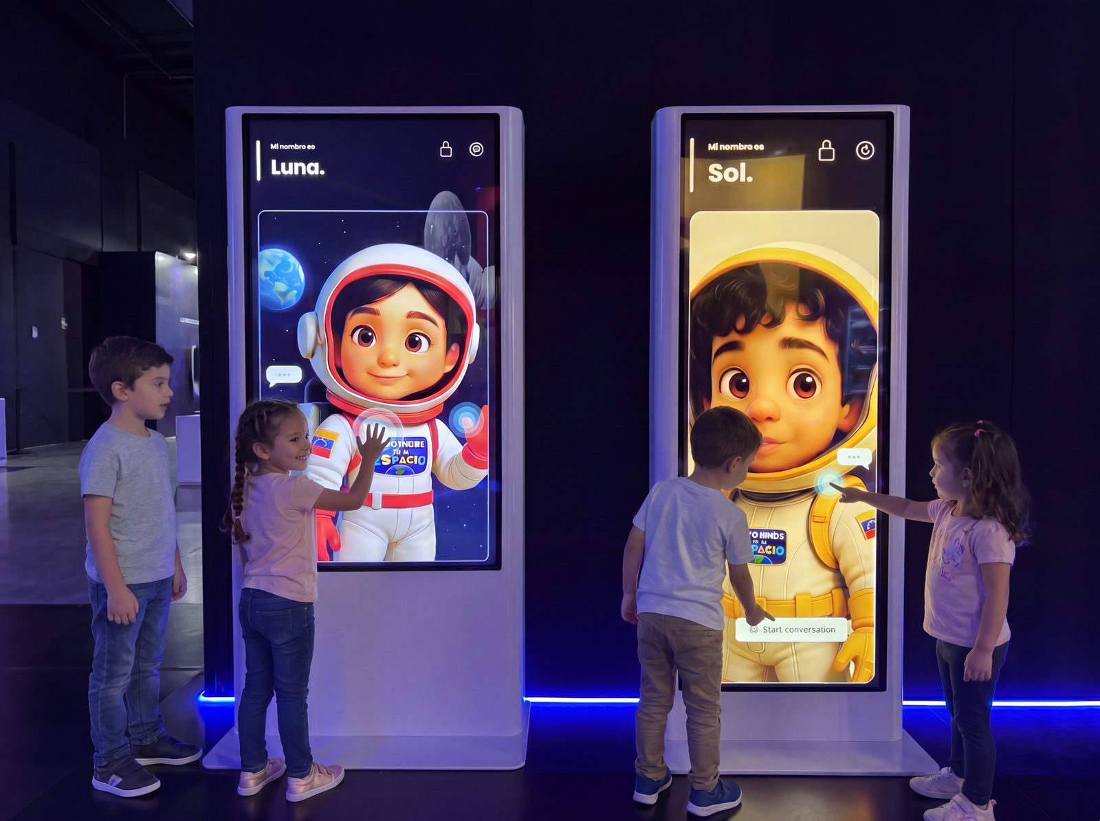 Avatares Luna y Sol en pantallas inmersivas